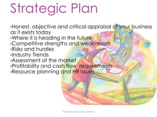 Powered by Lady Bizness
Strategic Plan
•Honest, objective and critical appraisal of your business
as it exists today
•Where it is heading in the future
•Competitive strengths and weaknesses
•Risks and hurdles
•Industry Trends
•Assessment of the market
•Profitability and cash flow requirements
•Resource planning and HR issues
 