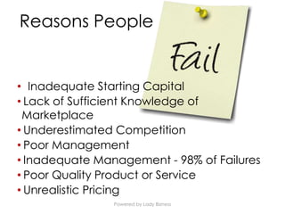 Powered by Lady Bizness
Reasons People
• Inadequate Starting Capital
• Lack of Sufficient Knowledge of
Marketplace
• Underestimated Competition
• Poor Management
• Inadequate Management - 98% of Failures
• Poor Quality Product or Service
• Unrealistic Pricing
 