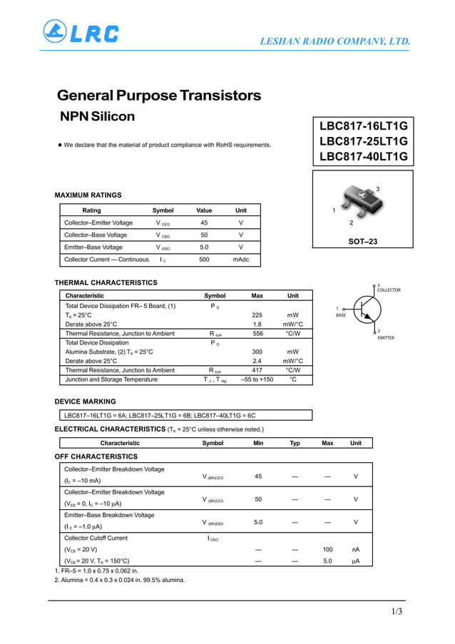 Original NPN Transistor LBC817 BC817 6C SMD Code 500mA 45V SOT23 | PDF ...