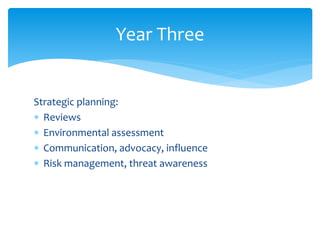 Strategic planning:
 Reviews
 Environmental assessment
 Communication, advocacy, influence
 Risk management, threat awareness
Year Three
 