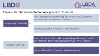 Therapeutic Interventions for Neurodegenerative Disorders
Symptomatic (palliative):
•focus of treatment is alleviating one or more signs/symptoms
associated with the disease or condition
•potential benefit of treatment is not cumulative
Disease-modifying:
•focus of treatment is to alter the underlying disease process in a
way that slows down or halts progression, or reverses decline
•potential benefit of treatment may be cumulative
 