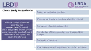 Clinical Study Research Plan
A clinical study is conducted
according to a
research plan (protocol)
that is designed to answer specific
research questions and safeguard
the health of participants and
covers the following:
Reason for conducting the study
Who may participate in the study (eligibility criteria)
The number of participants needed
The schedule of tests, procedures, or drugs and their
dosages
The length of the study
What information will be gathered about the participants
 