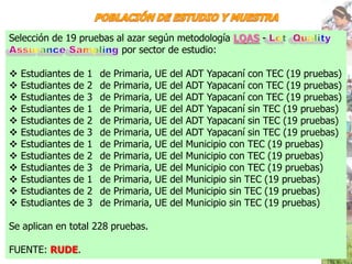 POBLACIÓN DE ESTUDIO Y MUESTRASelección de 19 pruebas al azar según metodología LQAS - Lot  QualityAssuranceSamplingpor sector de estudio: Estudiantes de 1° de Primaria, UE del ADT Yapacaní con TEC (19 pruebas)