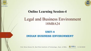 Legal and Business Environment
18MBA24
UNIT-4
INDIAN BUSINESS ENVIRONMENT
4/18/2020Prof. Kiran Kumar M., East West Institute of Technology., Dept. of MBA.,
1
Online Learning Session-4
 