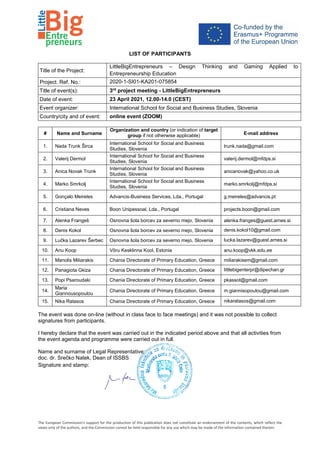 The European Commission's support for the production of this publication does not constitute an endorsement of the contents, which reflect the
views only of the authors, and the Commission cannot be held responsible for any use which may be made of the information contained therein.
LIST OF PARTICIPANTS
Title of the Project:
LittleBigEntrepreneurs – Design Thinking and Gaming Applied to
Entrepreneurship Education
Project. Ref. No.: 2020-1-SI01-KA201-075854
Title of event(s): 3rd
project meeting - LittleBigEntrepreneurs
Date of event: 23 April 2021, 12.00-14.0 (CEST)
Event organizer: International School for Social and Business Studies, Slovenia
Country/city and of event: online event (ZOOM)
# Name and Surname
Organization and country (or indication of target
group if not otherwise applicable) E-mail address
1. Nada Trunk Širca
International School for Social and Business
Studies, Slovenia
trunk.nada@gmail.com
2. Valerij Dermol
International School for Social and Business
Studies, Slovenia
valerij.dermol@mfdps.si
3. Anica Novak Trunk
International School for Social and Business
Studies, Slovenia
anicanovak@yahoo.co.uk
4. Marko Smrkolj
International School for Social and Business
Studies, Slovenia
marko.smrkolj@mfdps.si
5. Gonçalo Meireles Advancis-Business Services, Lda., Portugal g.meireles@advancis.pt
6. Cristiana Neves Boon Unipessoal, Lda., Portugal projects.boon@gmail.com
7. Alenka Frangeš Osnovna šola borcev za severno mejo, Slovenia alenka.franges@guest.arnes.si
8. Denis Kokol Osnovna šola borcev za severno mejo, Slovenia denis.kokol10@gmail.com
9. Lučka Lazarev Šerbec Osnovna šola borcev za severno mejo, Slovenia lucka.lazarev@guest.arnes.si
10. Anu Koop Võru Kesklinna Kool, Estonia anu.koop@vkk.edu.ee
11. Manolis Miliarakis Chania Directorate of Primary Education, Greece miliarakisem@gmail.com
12. Panagiota Gkiza Chania Directorate of Primary Education, Greece littlebigenterpr@dipechan.gr
13. Popi Psaroudaki Chania Directorate of Primary Education, Greece pkassot@gmail.com
14.
Maria
Giannousopoulou
Chania Directorate of Primary Education, Greece m.giannisopoulou@gmail.com
15. Nika Ratasos Chania Directorate of Primary Education, Greece nikaratasos@gmail.com
The event was done on-line (without in class face to face meetings) and it was not possible to collect
signatures from participants.
I hereby declare that the event was carried out in the indicated period above and that all activities from
the event agenda and programme were carried out in full.
Name and surname of Legal Representative:
doc. dr. Srečko Natek, Dean of ISSBS
Signature and stamp:
 