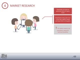 . 49
4 MARKET RESEARCH
Download survey, pass it on
in the class, gather results
and input them in the game
! This option needs to be
evaluated in detail for
technical feasibility
Classmates can pose as
potential clients of space
travel
 