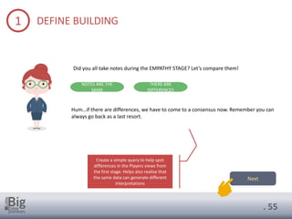 . 55
1 DEFINE BUILDING
Did you all take notes during the EMPATHY STAGE? Let’s compare them!
THERE ARE
DIFFERENCES
NOTES ARE THE
SAME
Hum…if there are differences, we have to come to a consensus now. Remember you can
always go back as a last resort.
Next
Create a simple query to help spot
differences in the Players views from
the first stage. Helps also realise that
the same data can generate different
interpretations
 