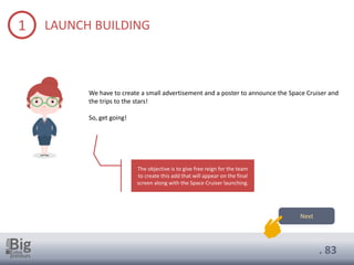 . 83
1 LAUNCH BUILDING
We have to create a small advertisement and a poster to announce the Space Cruiser and
the trips to the stars!
So, get going!
Next
The objective is to give free reign for the team
to create this add that will appear on the final
screen along with the Space Cruiser launching.
 