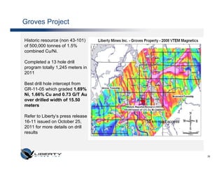 Groves Project

Historic resource (non 43-101)
of 500,000 tonnes of 1.5%
combined Cu/Ni.

Completed a 13 hole drill
program totally 1,245 meters in
2011

Best drill hole intercept from
GR-11-05 which graded 1.69%
Ni, 1.66% Cu and 0.73 G/T Au
over drilled width of 15.50
meters

Refer to Liberty’s press release
16-11 issued on October 25,        10 km road access
2011 for more details on drill
results




                                                       26
 