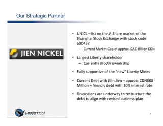 Our Strategic Partner


                        • JJNICL – list on the A-Share market of the
                          Shanghai Stock Exchange with stock code
                          600432
                           – Current Market Cap of approx. $2.0 Billion CDN

                        • Largest Liberty shareholder
                           – Currently @60% ownership

                        • Fully supportive of the “new” Liberty Mines

                        • Current Debt with Jilin Jien – approx. CDN$80
                          Million – friendly debt with 10% interest rate

                        • Discussions are underway to restructure the
                          debt to align with revised business plan


                                                                        4
 