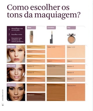 Como escolher os
tons da maquiagem?
1   Identifique sua
    cor de pele.

2   Escolha o tom.

    Encontre tons
3   similares de
    outros produtos.
 