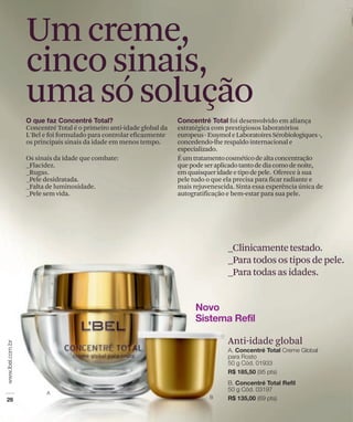 Um creme,
cinco sinais,
uma só solução
                                                                       foi desenvolvido em aliança
Concentré Total é o primeiro anti-idade global da   estratégica com prestigiosos laboratórios
L'Bel e foi formulado para controlar eficazmente    europeus - Exsymol e Laboratoires Sérobiologiques -,
os principais sinais da idade em menos tempo.       concedendo-lhe respaldo internacional e
                                                    especializado.
Os sinais da idade que combate:                     É um tratamento cosmético de alta concentração
_Flacidez.                                          que pode ser aplicado tanto de dia como de noite,
_Rugas.                                             em quaisquer idade e tipo de pele. Oferece à sua
_Pele desidratada.                                  pele tudo o que ela precisa para ficar radiante e
_Falta de luminosidade.                             mais rejuvenescida. Sinta essa experência única de
_Pele sem vida.                                     autogratificação e bem-estar para sua pele.




                                                                      _Clinicamente testado.
                                                                      _Para todos os tipos de pele.
                                                                      _Para todas as idades.




                                                                      Anti-idade global
 
