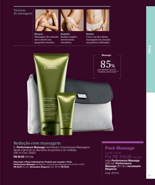 Técnicas
de massagem




              Massageie do cotovelo Realize amplos   Com o nó dos dedos
              até o ombro em        movimentos       massageie em círculos
              pequenos círculos.    circulares.      nos pontos indicados.




                                                                85%




Redução com massagem




                                                                             .
 