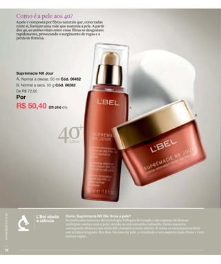 Como é a pele aos 40?
A pele é composta por fibras naturais que, conectadas
entre si, formam uma rede que sustenta a pele. A partir
dos 40, as uniões vitais entre essas fibras se desgastam
rapidamente, provocando o surgimento de rugas e a
perda de firmeza.




                          40     anos




                               As moléculas tensoras da tecnologia Nidogen-X Complex são capazes de formar
                               múltiplas uniões com a pele, devido ao seu tamanho reduzido. Desta maneira,
                               conseguem oferecer um efeito lift cosmético mais efetivo. É como se esticássemos bem
                               um tecido enrugado: fica liso. No caso da pele, o resultado é um aspecto mais firme e com
                               menos rugas.
 