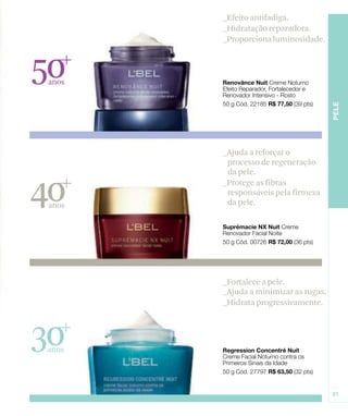 _Efeito antifadiga.
        _Hidratação reparadora.
        _Proporciona luminosidade.



50
 anos




        _Ajuda a reforçar o
         processo de regeneração
         da pele.


40
 anos
        _Protege as fibras
         responsáveis pela firmeza
         da pele.




        _Fortalece a pele.
        _Ajuda a minimizar as rugas.
        _Hidrata progressivamente.



30
anos
 