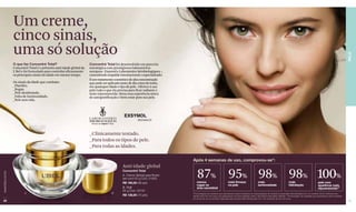 Um creme,
                  cinco sinais,
                  uma só solução




                                                                                                                                                                                                                                                                                              PELE
                  O que faz Concentré Total?                          Concentré Total foi desenvolvido em parceria
                  Concentré Total é o primeiro anti-idade global da   estratégica com prestigiosos laboratórios
                  L'Bel e foi formulado para controlar eficazmente    europeus - Exsymol e Laboratoires Sérobiologiques -,
                  os principais sinais da idade em menos tempo.       concedendo respaldo internacional e especializado.
                                                                      É um tratamento cosmético de alta concentração
                  Os sinais da idade que combate:                     que pode ser aplicado tanto de dia como de noite,
                  _Flacidez.                                          em quaisquer idade e tipo de pele. Oferece à sua
                  _Rugas.                                             pele tudo o que ela precisa para ficar radiante e
                  _Pele desidratada.                                  mais rejuvenescida. Sinta essa experência única
                  _Falta de luminosidade.                             de autogratificação e bem-estar para sua pele.
                  _Pele sem vida.




                                                                      _Clinicamente testado.
                                                                      _Para todos os tipos de pele.
                                                                      _Para todas as idades.

                                                                                                                             Após 4 semanas de uso, comprovou-se*:
                                                                                             Anti-idade global
                                                                                             Concentré Total
                                                                                                                                 87% 95% 98% 98% 100%
www.lbel.com.br




                                                                                             A. Creme Global para Rosto
                                                                                             (am-pm) 50 g Cód. 01933
                                                                                             R$ 190,00 (96 pts)                 menos                             mais firmeza                   mais                             mais                           pele com
                                                                                                                                rugas na                          na pele                        luminosidade                     hidratação                     aparência mais
                                                                                             B. Refil                           área nasolabial                                                                                                                  rejuvenescida**
                                                                                             50 g Cód. 03197
                         A                                                           B                                       *Porcentagens de mulheres que perceberam esses resultados em autoavaliação de eficácia e supervisão dermatológica em um universo de 64 mulheres com
                                                                                             R$ 138,00 (70 pts)              idades entre 35 e 55 anos que participaram do teste realizado pelos Laboratórios Perception (Brasil). **Porcentagem de avaliadas que perceberam esse resultado
                                                                                                                             em prova de uso do produto realizada pela empresa RDS (Venezuela) com 120 mulheres de 35 a 55 anos.
 28                                                                                                                                                                                                                                                                                           29
 