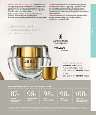 Primeiro anti-idade global da L'Bel, Concentré Total é       Sua fórmula traz a exclusiva tecnologia Deglicâge, que
um tratamento cosmético facial com as mais recentes          proporciona resultados em apenas 4 semanas de uso
descobertas da ciência cosmética que atua sobre os           e é fruto da parceria entre L'Bel e dois importantes
principais sinais da idade na pele: flacidez, rugas, falta   laboratórios internacionais - Exsymol e Laboratoires
de elasticidade e de luminosidade.                           Sérobiologiques - concedendo-lhe respaldo internacional
Pode ser aplicado tanto de dia como de noite, em             e especializado.
qualquer idade e em todos os tipos de pele.                  Sua textura de deliciosa suavidade e seu delicado aroma
É hipoalergênico, clínica e dermatologicamente testado.      envolvem a pele em uma experiência agradável e
                                                             gratificante a cada aplicação.



_Clinicamente testado.
_Para todos os tipos de pele.
_Para todas as idades.




                                                                                Anti-idade global




   87% 95% 98% 98% 100%
 