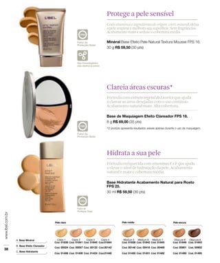 Protege a pele sensível
Com vitaminas e ingredientes de origem 100% mineral, deixa
a pele respirar e melhora sua superfície. Sem fragrâncias.
Acabamento mate e sedoso e cobertura média.




Clareia áreas escuras*
Fórmula com extrato vegetal de Licorice que ajuda
a clarear as áreas desejadas com o uso contínuo.
Acabamento natural-mate. Alta cobertura.




Hidrata a sua pele
Fórmula enriquecida com vitaminas E e F que ajuda
a elevar o nível de hidratação da pele. Acabamento
natural e mate e cobertura média.
 