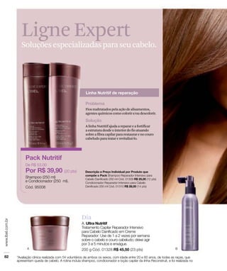 Ligne Expert
Soluções especializadas para seu cabelo.




                  Fios maltratados pela ação de alisamentos,
                  agentes químicos como colorir e/ou descolorir.


                  A linha Nutritif ajuda a reparar e a fortificar
                  a estrutura desde o interior do fio atuando
                  sobre a fibra capilar para restaurar e no couro
                  cabeludo para tratar e revitalizá-lo.




                 Dia
 
