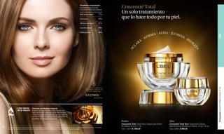 Fórmula con Maitake Imperial 
Fusiona las propiedades antiedad de esta 
seta con lo más avanzado de la ciencia para 
crear la tecnología Deglicâge, que es capaz de 
revertir el daño producido por la glicación en 
las fibras de colágeno de la piel. 
L’Bel detrás 
de la ciencia 
Resultados comprobados* 
Las mujeres que usaron 
Concentré Total percibieron: 
Piel más clara** 77% 
*Porcentaje que percibió estas mejoras a la 4ta. semana de uso en prueba de eficacia con 64 mujeres de entre 35 y 65 años en el laboratorio Perception, Brasil. **Porcentaje 
que presentó resultados a la 2da semana de uso según evaluación instrumental realizada en Allergisa, Brasil. ***Arrugas nasolabiales. 
www.lbel.com 
34 
Concentré Total 
Un solo tratamiento 
que lo hace todo por tu piel. 
Promoción Estuche Perfeccionador, P 29 PIEL 
35 
Rostro 
Concentré Total Tratamiento Global para Rostro 
en Crema. 50 g e 1.7 oz. 
Cód. 13224 $ 1400.00 
Ojos 
Concentré Total Yeux Tratamiento Global 
para Contorno de Ojos en Crema. 15 g e .52 oz. 
Cód. 02661 $ 990.00 
Firmeza 95% 
Menos arrugas*** 87% 
Luminosidad 98% 
Hidratación 98% 
 
