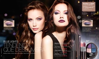 Noir Cód. 00580 
Noir Cód. 12971 
Mer de Roses* 
Cód. 15867 
Sombra + Labial 
a solo $ 285.00 
Expressive (4.4 g tono Misterie 
Bleu), Rouge Amplifier XP 
(4 g; elige tono). 
Valorizado en $ 314.00 
Mer de Roses* Cód. 95052 
Bourgogne Vif* 
Cód. 05486 
2 3 
Misterie Bleu 
Cód. 01107 
1 
www.lbel.com 
6 
4 
SENSUAL EN ROSAS 
Aplica el tono 1 en el párpado 
móvil. Usa el tono 2 desde 
el extremo exterior al interior. 
BLUE LIGHTS 
TENDENCIA 
QUE DESLUMBRA 
Miradas violetas y azules, efectos difuminados, labios oscuros y sensuales. 
SENSUAL EN AZULES 
Aplica el tono 1 en el párpado, 
el tono 2 desde el extremo 
exterior al interior. Dale más 
intensidad con el tono 3 
y difumina bien el tono 4. 
7 
A. Megacils Extend Máscara Fortalecedora 
con Fibras Extensoras de Pestañas. 
9 g e 0.31 oz. $ 165.00 $ 105.00 
B. Color Intense Delineador Kohl de Extra 
Suavidad y Duración. 
1.2 g e 0.42 oz. $ 130.00 $ 85.00 
C. Rouge Amplifier XP Lápiz Labial 
Amplificador FPS 15.Acabado mate o metálico*. 
4 g e .14 oz. $ 125.00 $ 89.00 
D. Expressive Cuarteto de Sombras 
para Ojos de Máxima Cobertura. 
4.4 g e .15 oz. $ 350.00 $ 225.00 
Nuevo 
tono 
A 
B 
C 
D 
1 
4 
2 
Bourgogne Vif* Cód. 95051 
4 3 2 1 
 