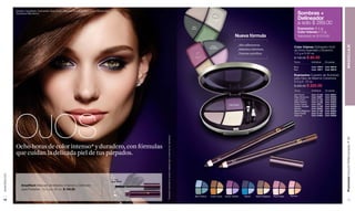 Nueva fórmula 
Sombras + 
Delineador 
a solo $ 289.00 
Expressive (4.4 g), 
Color Intense (1.2 g). 
Valorizado en $ 310.00 
Color Intense Delineador Kohl 
de Extra Suavidad y Duración. 
1.2 g e 0.42 oz. 
$ 130.00 $ 85.00 
Tonos Individual En pareja 
Brun Cód. 12974 Cód. 95019 
Noir Cód. 12971 Cód. 95018 
Expressive Cuarteto de Sombras 
para Ojos de Máxima Cobertura. 
4.4 g e .15 oz. 
$ 350.00 $ 225.00 
Tonos Individual En pareja 
Bleu Profond Exotic Caves Illusion Violette Marine Marron Elegance Rose Petale Saumon 
www.lbel.com 
12 
*Evaluación sensorial de duración realizada bajo condiciones de Laboratorio. 
OJOS Ocho horas de color intenso* y duradero, con fórmulas 
que cuidan la delicada piel de tus párpados. 
Brun 
Noir 
Promoción Estuche Perfeccionador, P 29 MAQUILLAJE 
13 
_Alta adherencia. 
_Máxima cobertura. 
_Textura extrafina. 
Vert 
Touch 
Rose 
Nocturne 
Lilas Vivant 
Modelo maquillada: Expressive Lilas Vivant, Máscara Amplifiant Noir, Color Intense Noir, 
Hydratess Mandarine. 
Vert Touch Cód. 01193 Cód. 95031 
Rose Nocturne Cód. 00207 Cód. 95030 
Lilas Vivant Cód. 01192 Cód. 95028 
Bleu Profond Cód. 01108 Cód. 95023 
Exotic Caves Cód. 00977 Cód. 95022 
Illusion Violette Cód. 01190 Cód. 95026 
Marine Cód. 00942 Cód. 95021 
Marron Elegance Cód. 01109 Cód. 95025 
Rose Petale Cód. 01191 Cód. 95027 
Saumon Cód. 01053 Cód. 95029 
Amplifiant Máscara de Máximo Volumen y Definición 
para Pestañas. 10.3 g e .35 oz. $ 165.00 
Noir 
Cód. 00107 
 
