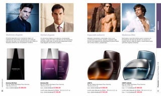 HOMBRES
               Maderoso elegante                                       Herbal elegante                                        Especiado seductor                                       Maderoso libre
               Picantes especias como la pimienta negra y el           Un armonioso balance de selectos componentes:          Maderas corpulentas y ahumadas, junto a una              Symmarine, una nota ozónica que lo conecta con
               Cardamomo de la India, se fusionan con notas de         cognac, musgo de roble y sándalo vivo de Cachemira,    combinación de incienso, brandy y especias rojas         la sensación de frescura del aire, se mezcla con
               piel para dar paso a un seductor aroma que refleja su   se juntan para crear un aroma que despertará el lado   forman una fragancia que despertará la fuerza interior   toques cítricos, hojas de abeto y menta blanca para
               elegante presencia de conquistador moderno.             más elegante del hombre moderno.                       del hombre intenso y apasionado.                         permitirle respirar la libertad.




                                                                                                                                                                                                                                              Promoción Divine Argenté Plateado, P 99
www.lbel.com




               Homme 033 Noir                                          Homme 033                                              1200°C                                                   1200ºC Infinite
               Eau de Toilette Atomiseur Pour Homme.                   Eau de Toilette Atomiseur Pour Homme.                  Eau de Toilette Atomiseur Pour Homme.                    Eau de Toilette Atomiseur Pour Homme.
               100 ml e 3.4 fl. oz.                                    100 ml e 3.4 fl. oz.                                   100 ml e 3.4 fl. oz.                                     100 ml e 3.4 fl. oz.
               Cód. 23496 $ 590.00 $ 399.00                            Cód. 23489 $ 590.00 $ 399.00                           Cód. 00658 $ 590.00 $ 399.00                             Cód. 11119 $ 600.00 $ 399.00

 88                                                                    Loción para después de Afeitar. 100 ml e 3.4 fl. oz.   Loción para después de Afeitar. 100 ml e 3.4 fl. oz.     Loción para después de Afeitar. 100 ml e 3.4 fl. oz.       89
                                                                       Cód. 23490 $ 230.00 $ 149.00                           Cód. 00993 $ 230.00 $ 165.00                             Cód. 11122 $ 230.00 $ 169.00
 