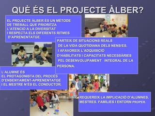 QUÈ ÉS EL PROJECTE ÀLBER?
  EL PROJECTE ÀLBER ÉS UN MÈTODE
  DE TREBALL QUE PRIORITZA
  L’ATENCIÓ A LA DIVERSITAT
  I RESP...