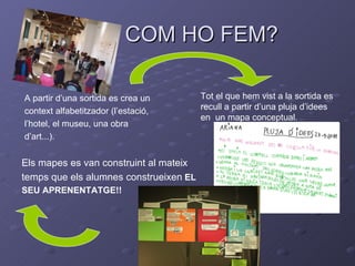 COM HO FEM?

A partir d’una sortida es crea un       Tot el que hem vist a la sortida es
context alfabetitzador (l’estació,      recull a partir d’una pluja d’idees
                                        en un mapa conceptual.
l’hotel, el museu, una obra
d’art...).


Els mapes es van construint al mateix
temps que els alumnes construeixen EL
SEU APRENENTATGE!!
 
