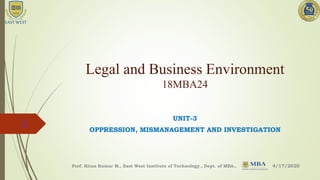 Legal and Business Environment
18MBA24
UNIT-3
OPPRESSION, MISMANAGEMENT AND INVESTIGATION
4/17/2020Prof. Kiran Kumar M., East West Institute of Technology., Dept. of MBA.,
1
 