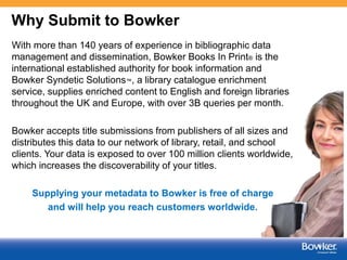 Why Submit to Bowker
With more than 140 years of experience in bibliographic data
management and dissemination, Bowker Books In Print® is the
international established authority for book information and
Bowker Syndetic Solutions™, a library catalogue enrichment
service, supplies enriched content to English and foreign libraries
throughout the UK and Europe, with over 3B queries per month.
Bowker accepts title submissions from publishers of all sizes and
distributes this data to our network of library, retail, and school
clients. Your data is exposed to over 100 million clients worldwide,
which increases the discoverability of your titles.
Supplying your metadata to Bowker is free of charge
and will help you reach customers worldwide.

 