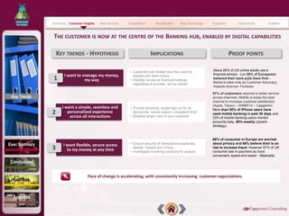Summary   Customer Insights   New Services   Competitors       New Models       New Technology   Payments        Commercial         Enablers



               THE CUSTOMER IS NOW AT THE CENTRE OF THE BANKING HUB, ENABLED BY DIGITAL CAPABILITIES

                   KEY TRENDS - HYPOTHESIS                                 IMPLICATIONS                                    PROOF POINTS

                                                             • Customers will dictate how they want to          About 26% of US online adults use a
                      I want to manage my money,               interact with their money                        financial advisor. Just 29% of Europeans
               1                 my way                      • Visibility across all financial holdings,        believed their bank puts them first -
                                                               regardless of provider, will be valued           Banks to take note as Customer Advocacy
                                                                                                                impacts revenue- Forrester

                                                                                                                57% of customers required a better service
 Key Trends                                                                                                     across channels. Mobile is today the best
                                                                                                                channel to increase customer satisfaction
                                                                                                                (Apple, Tesco) – WRBR12 – Capgemini
                     I want a simple, seamless and           • Provide simplicity: single sign-on for all       More than 50% of iPhone users have
               2        personalized experience                device/site, simple search, consistent ID&V
                                                             • Develop single view of your customer
                                                                                                                used mobile banking in past 30 days and
                         across all interactions                                                                33% of mobile banking users monitor
                                                                                                                accounts daily, 80% weekly (Javelin
                                                                                                                Strategy)



                                                                                                                69% of consumer in Europe are worried
Exec Summary         I want flexible, secure access          • Ensure security of transactions especially       about privacy and 66% believe their is an
               3       to my money at any time                 Mobile, Tablets and Online
                                                             • Investigate morphing solutions for avatars
                                                                                                                risk to increase fraud. However 87% of UK
                                                                                                                consumer see m-payment as more
                                                                                                                convenient, speed and easier - Mashable
Conclusions


                                     Pace of change is accelerating, with consistently increasing customer expectations
  Contacts


  Appendix
 