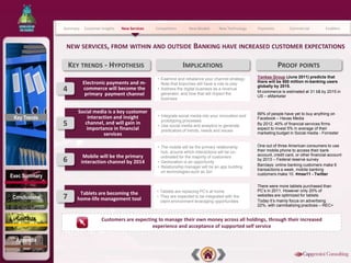 Summary    Customer Insights   New Services   Competitors       New Models      New Technology     Payments          Commercial           Enablers



                NEW SERVICES, FROM WITHIN AND OUTSIDE BANKING HAVE INCREASED CUSTOMER EXPECTATIONS

                   KEY TRENDS - HYPOTHESIS                                 IMPLICATIONS                                      PROOF POINTS
                                                              • Examine and rebalance your channel strategy.      Yankee Group (June 2011) predicts that
                         Electronic payments and m-                                                               there will be 500 million m-banking users
                                                                Note that branches still have a role to play
                                                                                                                  globally by 2015.
               4         commerce will become the             • Address the digital business as a revenue
                                                                                                                  M-commerce is estimated at 31 b$ by 2015 in
                          primary payment channel               generator, and how that will impact the
                                                                                                                  US – eMarketer
                                                                business


                      Social media is a key customer                                                              89% of people have yet to buy anything on
                                                              • Integrate social media into your innovation and
 Key Trends               interaction and insight
                                                                prototyping processes
                                                                                                                  Facebook – Havas Media
               5         channel, and will gain in            • Use social media and analytics to generate        By 2012, 40% of financial services firms
                          importance in financial               predicators of trends, needs and issues
                                                                                                                  expect to invest 5% in average of their
                                 services                                                                         marketing budget in Social media - Forrester


                                                              • The mobile will be the primary relationship       One out of three American consumers to use
                                                                hub, around which interactions will be co-        their mobile phone to access their bank
                          Mobile will be the primary                                                              account, credit card, or other financial account
                                                                ordinated for the majority of customers
               6         interaction channel by 2014          • Geolocation is an opportunity
                                                                                                                  by 2013 – Federal reserve survey
                                                              • Relationship manager will be an app building      Barclays: online banking customers make 6
                                                                                                                  transactions a week, mobile banking
                                                                on technologies such as Siri
                                                                                                                  customers make 10. #mse11 - Twitter
Exec Summary
                                                                                                                  There were more tablets purchased than
                                                             • Tablets are replacing PC’s at home                 PC’s in 2011. However only 20% of
                      Tablets are becoming the
Conclusions    7     home-life management tool               • They are expected to be integrated with the
                                                               client environment leveraging opportunities
                                                                                                                  websites are optimized for tablets
                                                                                                                  Today it’s mainly focus on advertising
                                                                                                                  22%, with cannibalizing practices – REC+


  Contacts                         Customers are expecting to manage their own money across all holdings, through their increased
                                                        experience and acceptance of supported self service

  Appendix
 