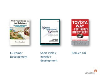 Customer	
        Short	
  cycles,	
     Reduce	
  risk	
  
Development	
     itera8ve	
  
                  development	
  
 
