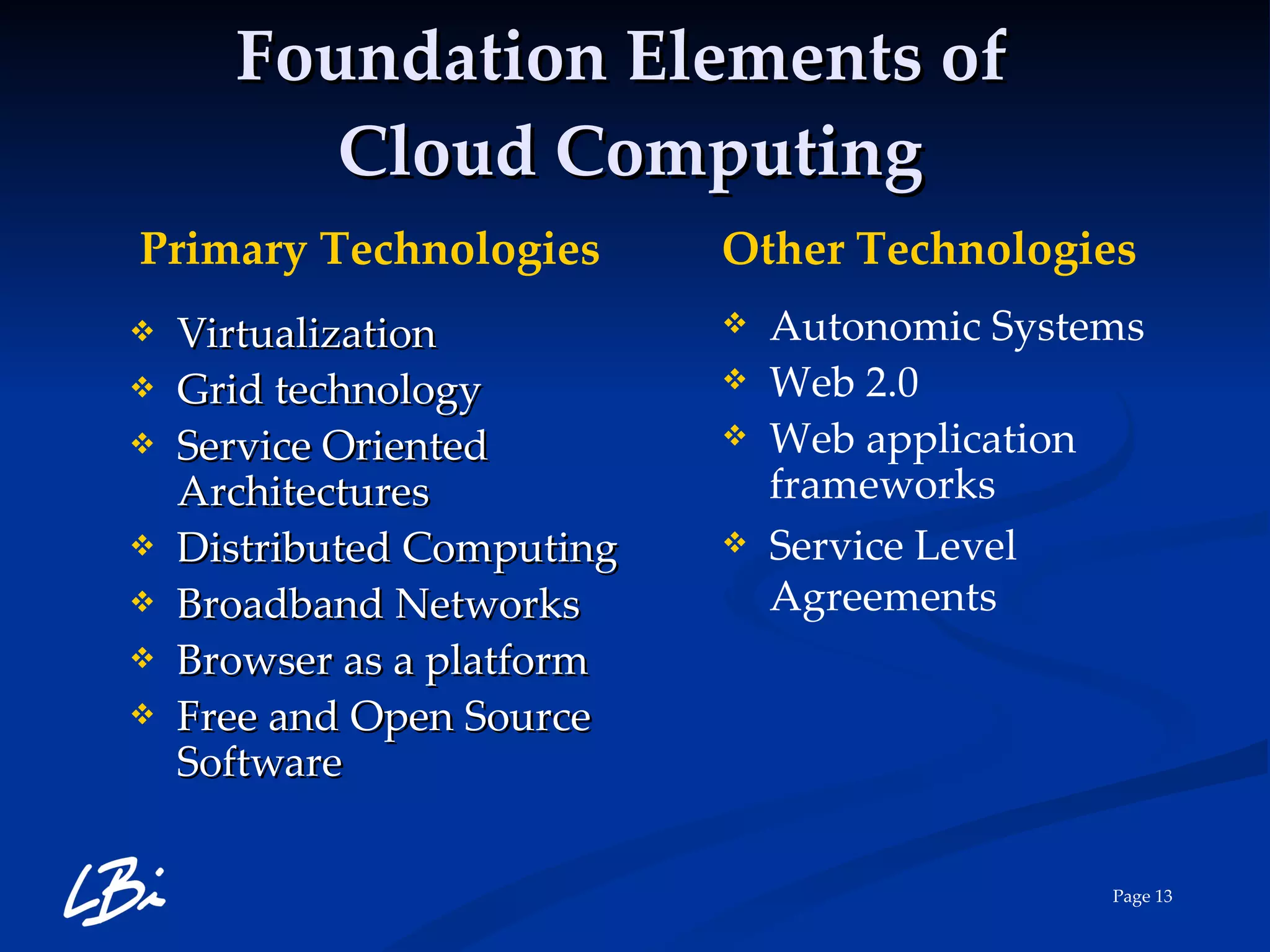 Foundation Elements of  Cloud Computing Virtualization Grid technology Service Oriented Architectures Distributed Computing Broadband Networks Browser as a platform Free and Open Source Software Autonomic Systems  Web 2.0 Web application frameworks Service Level Agreements Other Technologies Primary Technologies 
