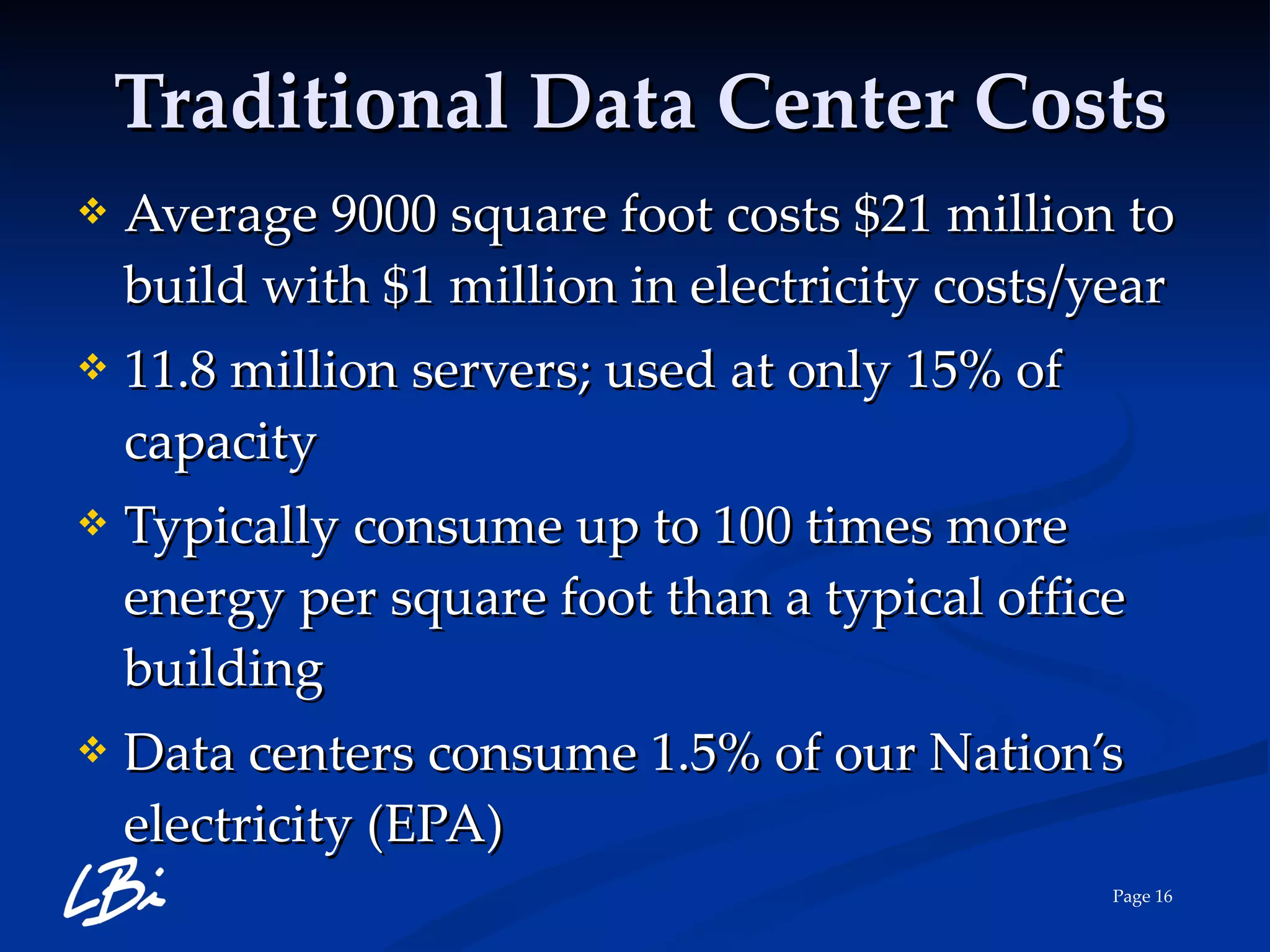 Traditional Data Center Costs Average 9000 square foot costs $21 million to build with $1 million in electricity costs/year 11.8 million servers; used at only 15% of capacity Typically consume up to 100 times more energy per square foot than a typical office building Data centers consume 1.5% of our Nation’s electricity (EPA) 
