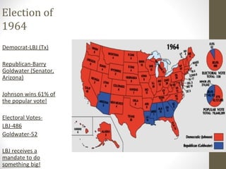 Election of
1964
Democrat-LBJ (Tx)

Republican-Barry
Goldwater (Senator,
Arizona)

Johnson wins 61% of
the popular vote!

Electoral Votes-
LBJ-486
Goldwater-52

LBJ receives a
mandate to do
something big!
 