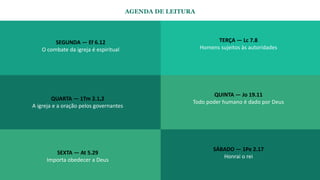 AGENDA DE LEITURA
SEXTA — At 5.29
Importa obedecer a Deus
QUARTA — 1Tm 2.1,2
A igreja e a oração pelos governantes
SEGUNDA — Ef 6.12
O combate da igreja é espiritual
TERÇA — Lc 7.8
Homens sujeitos às autoridades
QUINTA — Jo 19.11
Todo poder humano é dado por Deus
SÁBADO — 1Pe 2.17
Honrai o rei
 