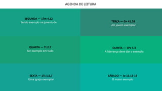 Agendadeleitura
SEGUNDA — Gn 2.18
Família é ideia de Deus
QUARTA — Gn 6.18,21
Família é lugar de salvação
QUINTA — Gn 24.38
Família é lugar de bênção
SEXTA — 2Tm 1.5; 3.15
Família é lugar de aprendizado
SÁBADO — Lc 1.80
Família é lugar de crescimento
SEGUNDA — 1Tm 4.12
Sendo exemplo na juventude
QUARTA — Tt 2.7
Ser exemplo em tudo
SEXTA — 1Ts 1.6,7
Uma igreja exemplar
SÁBADO — Jo 13.13-15
O maior exemplo
QUINTA — 1Pe 5.3
A liderança deve dar o exemplo
TERÇA — Gn 41.38
Um jovem exemplar
AGENDA DE LEITURA
 