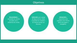 Objetivos
RELACIONAR a
salinidade do cloreto
de sódio com a
influência do crente;
EXPLICAR com a ajuda
da figura da luz, como
é possível ser notado e
ao mesmo tempo ser
discreto;
RESSALTAR a
importância do
exemplo como forma
eficaz de pregar o
evangelho.
Objetivos
 