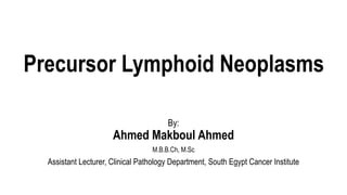 Precursor Lymphoid Neoplasms
By:
Ahmed Makboul Ahmed
M.B.B.Ch, M.Sc
Assistant Lecturer, Clinical Pathology Department, South Egypt Cancer Institute
 
