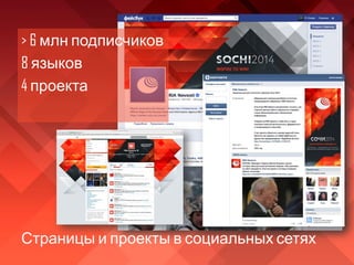 Страницы и проекты в социальных сетях
> 6 млн подписчиков
8 языков
4 проекта
 