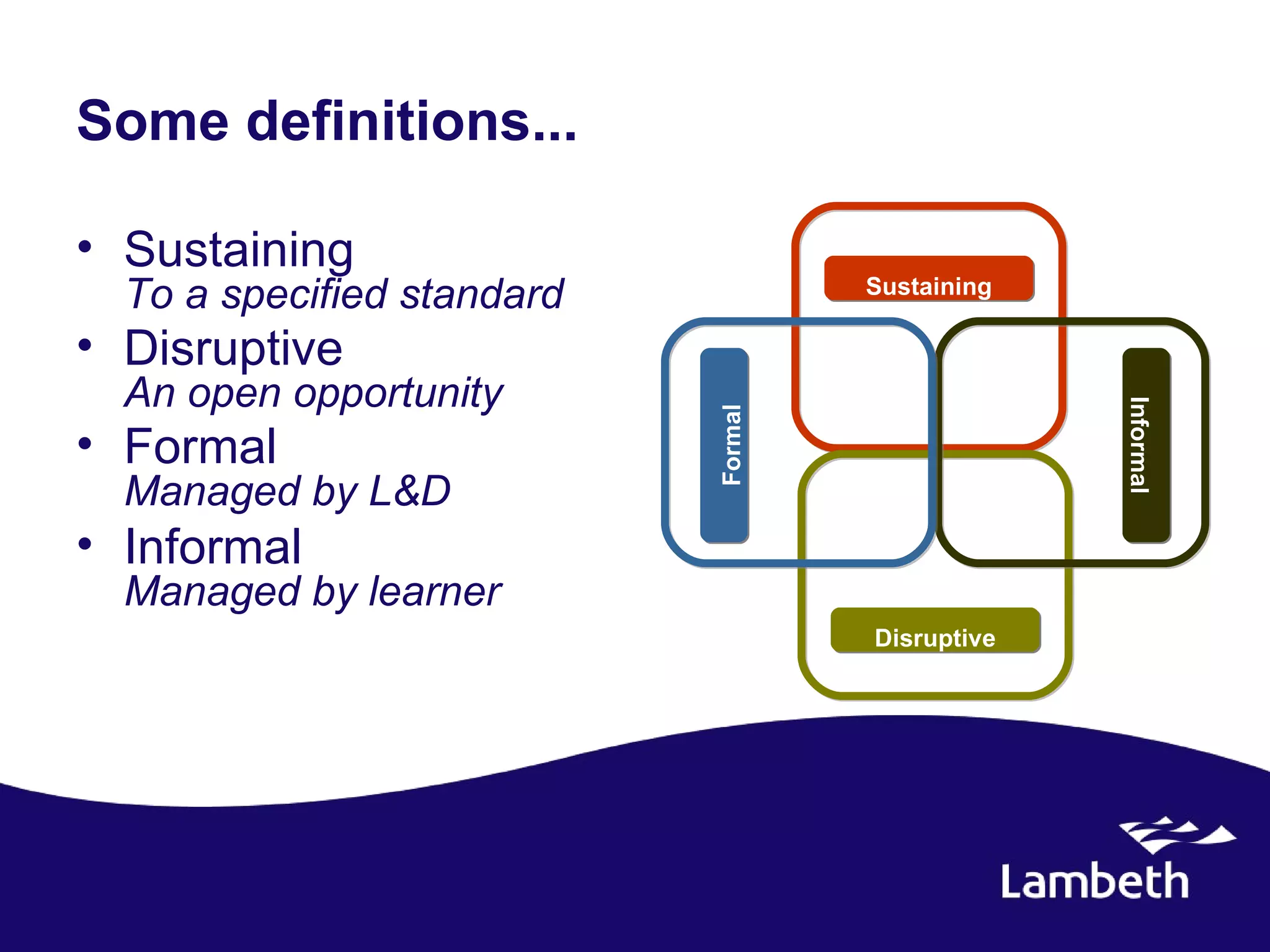 Some definitions...

• Sustaining
  To a specified standard            Sustaining

• Disruptive
  An open opportunity




                                                  Informal
                            Formal
• Formal
  Managed by L&D
• Informal
  Managed by learner
                                     Disruptive
 