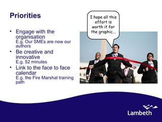 Priorities                         I hope all this
                                      effort is
                                    worth it for
• Engage with the                  the graphic...
  organisation
  E.g. Our SMEs are now our
  authors
• Be creative and
  innovative
  E.g. 52 minutes
• Link to the face to face
  calendar
  E.g. the Fire Marshal training
  path
 