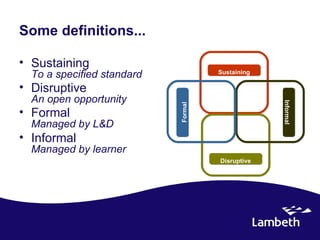 Some definitions...

• Sustaining
  To a specified standard            Sustaining

• Disruptive
  An open opportunity




                                                  Informal
                            Formal
• Formal
  Managed by L&D
• Informal
  Managed by learner
                                     Disruptive
 