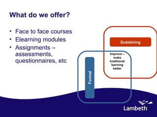 What do we offer?

• Face to face courses
• Elearning modules                      Sustaining
• Assignments –
  assessments,                    Improve –
                                     make
  questionnaires, etc             traditional
                                   learning
                                     better




                         Formal
 
