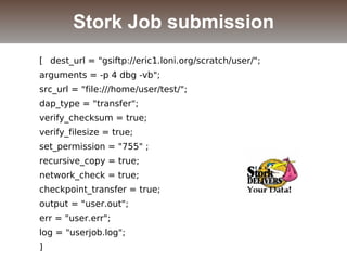 [ dest_url = "gsiftp://eric1.loni.org/scratch/user/";
arguments = -p 4 dbg -vb";
src_url = "file:///home/user/test/";
dap_type = "transfer";
verify_checksum = true;
verify_filesize = true;
set_permission = "755" ;
recursive_copy = true;
network_check = true;
checkpoint_transfer = true;
output = "user.out";
err = "user.err";
log = "userjob.log";
]
Stork Job submission
 
