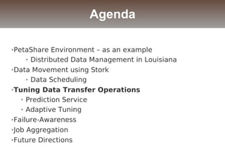 ➢PetaShare Environment – as an example
➢ Distributed Data Management in Louisiana
➢Data Movement using Stork
➢ Data Scheduling
➢Tuning Data Transfer Operations
➢ Prediction Service
➢ Adaptive Tuning
➢Failure-Awareness
➢Job Aggregation
➢Future Directions
Agenda
 