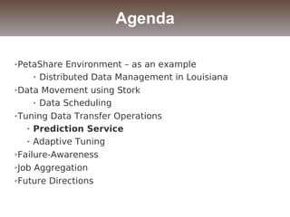 ➢PetaShare Environment – as an example
➢ Distributed Data Management in Louisiana
➢Data Movement using Stork
➢ Data Scheduling
➢Tuning Data Transfer Operations
➢ Prediction Service
➢ Adaptive Tuning
➢Failure-Awareness
➢Job Aggregation
➢Future Directions
Agenda
 