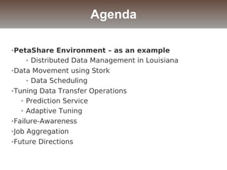 ➢PetaShare Environment – as an example
➢ Distributed Data Management in Louisiana
➢Data Movement using Stork
➢ Data Scheduling
➢Tuning Data Transfer Operations
➢ Prediction Service
➢ Adaptive Tuning
➢Failure-Awareness
➢Job Aggregation
➢Future Directions
Agenda
 